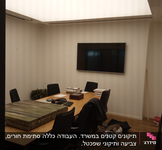 חדר ישיבות עם שולחן, כיסאות ומסך טלוויזיה על הקיר.